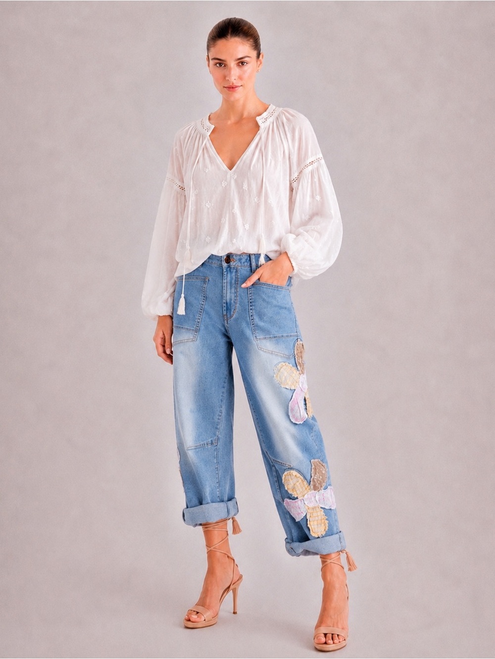 Easel Light blue Floral Patch Cotton Barrel Denim Pants